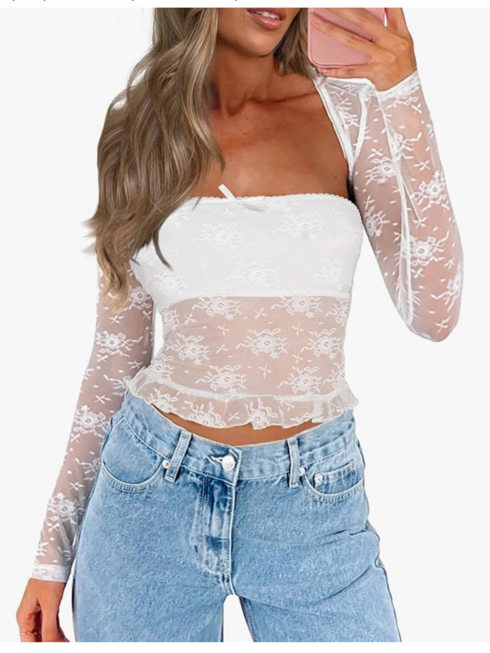 Lace Long Sleeve Square Neck Crop Top Shirt Strapless Tubetop and Bolero Set